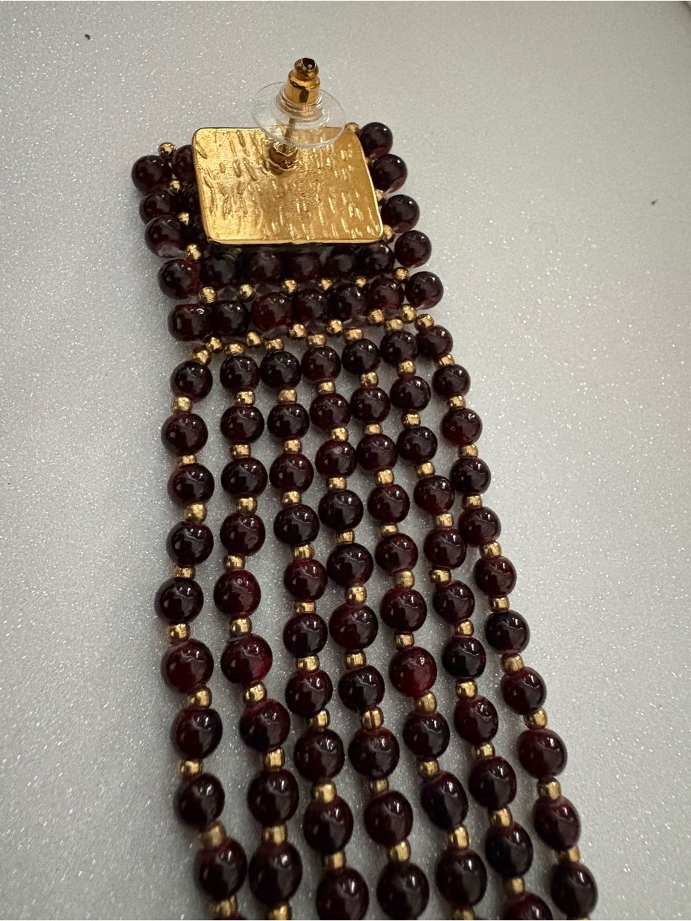 Mango Burgundy Beaded Fringe Earrings with Gold Accents - Picture 3 of 3